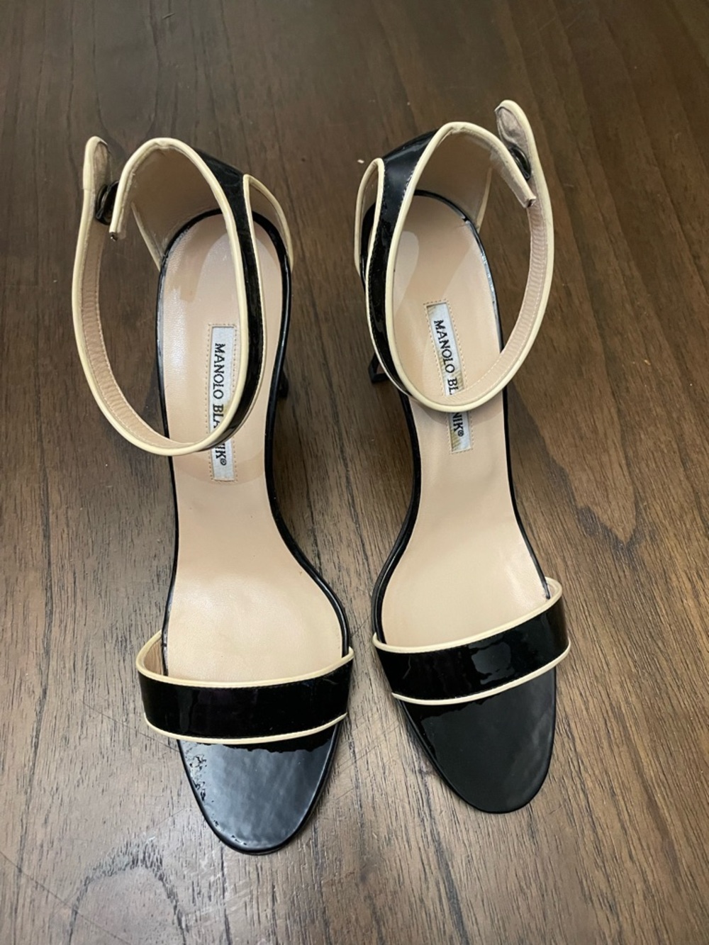 Manolo Blahnik Black Patent Sandals with Cream Trim
